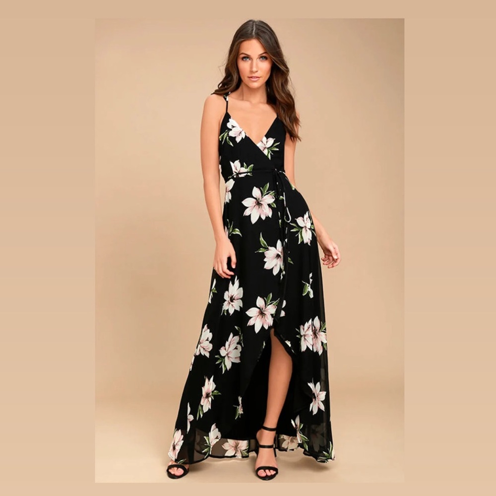 Lulus All Mine Black Floral Print High-Low Wrap Dress